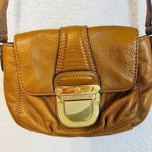 Michael Kors Small Brown Leather Crossbody Bag Purse Gold-Tone Push Lock READ